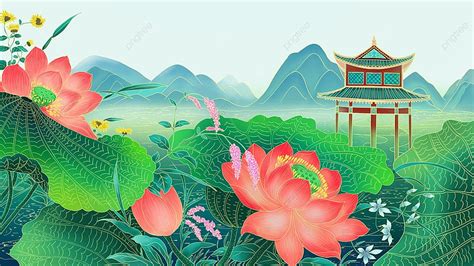 Hand Painted National Tide Lotus Leaf Lotus Illustration Wallpaper