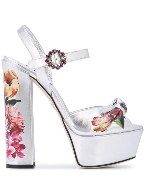 Dolce Gabbana Knotted Floral Print Metallic Leather Platform Sandals