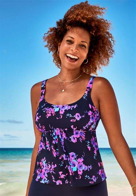 Flared Tankini Set With Cargo Short Purple Poppies Navy Eloquii