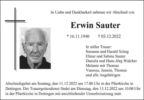 Traueranzeigen Von Erwin Sauter Schwaebische De Trauerportal