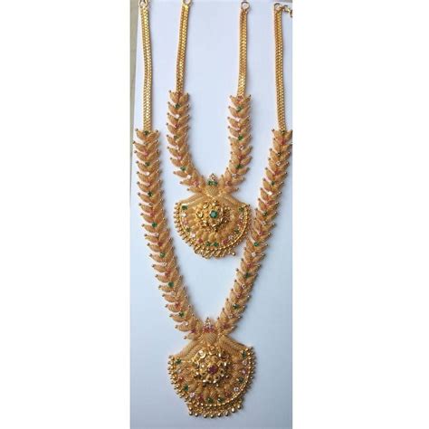 Brass Base Party Wear Double Gold Plated Necklace Set Packet At Rs