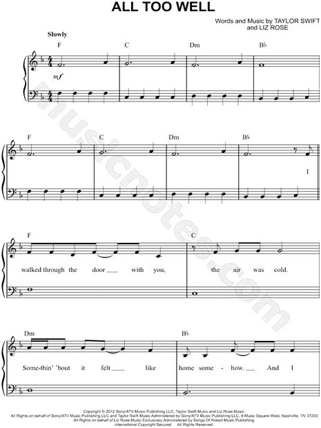 All Too Well Taylor Swift Piano Sheet Music