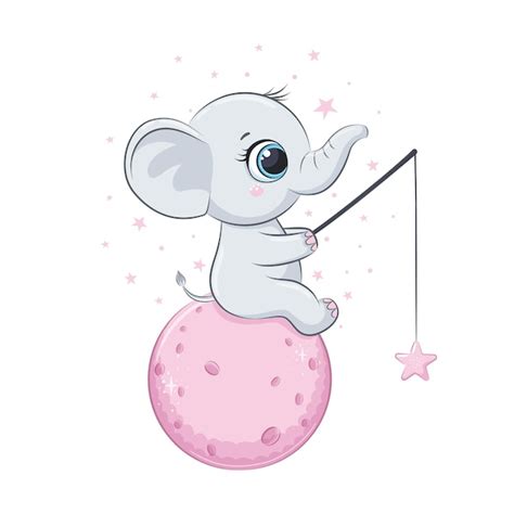 Lindo Beb Elefante Con Luna Y Estrellas Ilustraci N Vectorial