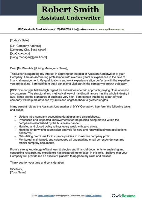 Assistant Underwriter Cover Letter Examples Qwikresume