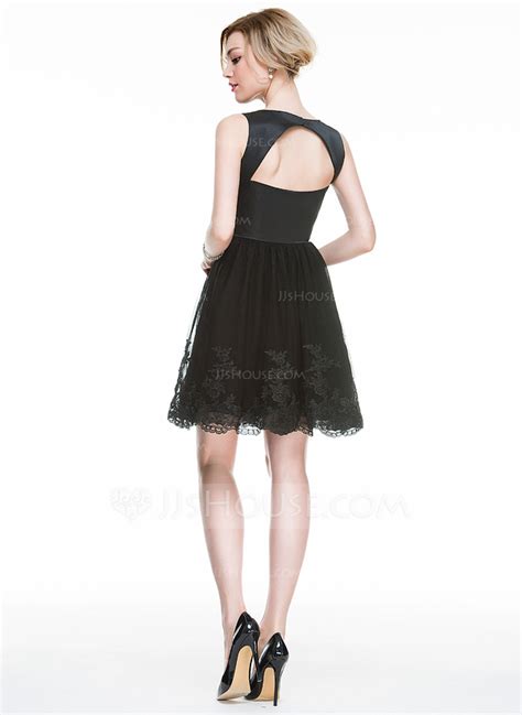 A Line Princess Scoop Neck Short Mini Satin Tulle Cocktail Dress With