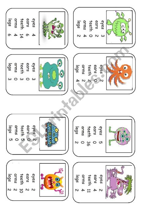 Monster Body Parts Top Trumps Game Set 2 8 Cards ESL Worksheet By