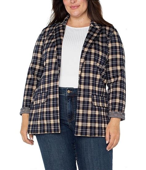 Liverpool Los Angeles Plus Size Jacquard Knit Tartan Plaid Notch Lapel Long Sleeve Open Front