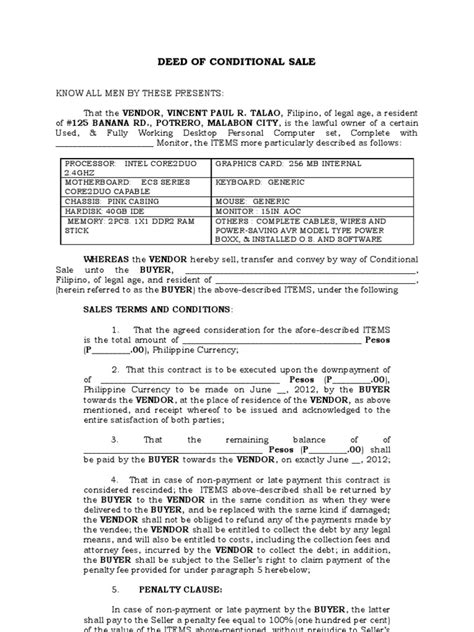 Deed Of Conditional Sale Pdf Payments Notary Public