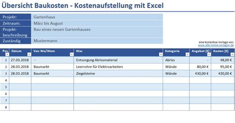 Übersicht Baukosten Kostenaufstellung mit Excel Alle meine Vorlagen de