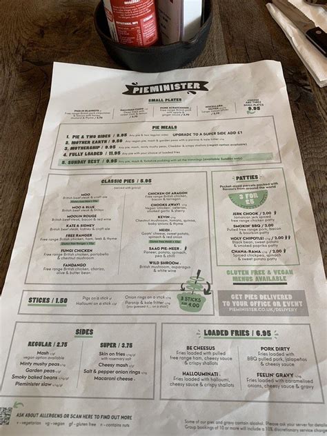 Menu at Pieminister desserts, Birmingham