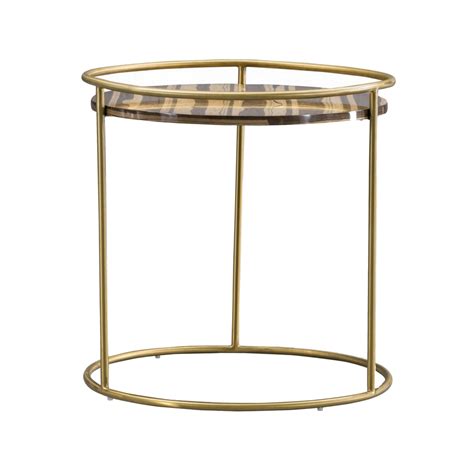 Benjara Cid Gin 24 Inch Round Side End Table Faux Marble Gold Metal