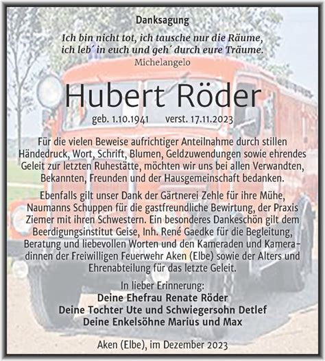 Traueranzeigen Von Hubert R Der Abschied Nehmen De