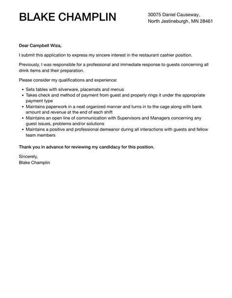 Restaurant Cashier Cover Letter Velvet Jobs