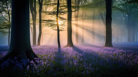 Premium Photo Misty Bluebell Wood At Dawn Ai Generated