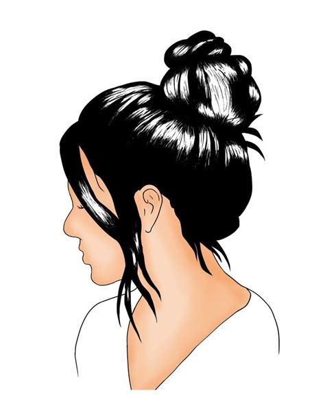 Colored Hand Drawn Beautiful Girl With Black Messy Hair In Bun Foto