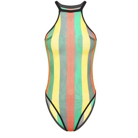 Femme Maillot de Bain Une Pièce en Résille Bikini Swimsuit Body de Plage Transparent Rainbow