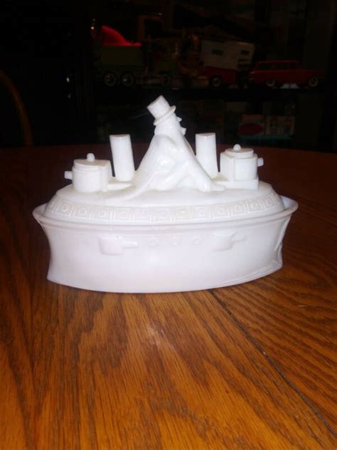 Antique 1898 Ec Flaccus Milk Glass Mustard Dish Uncle Sam Battleship Boat Ship Antique