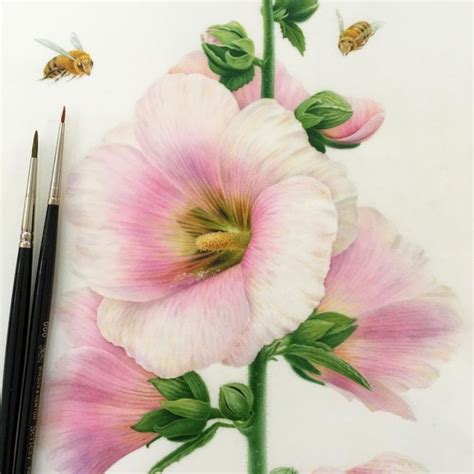 A Drawing Of Pink Flowers And Two Bees