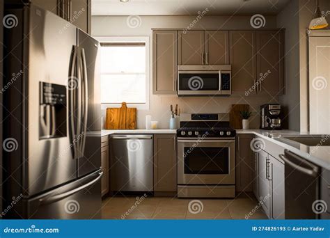 A Minimalist Kitchen With Stainless Steel Appliances And Countertops Generative Ai Stock