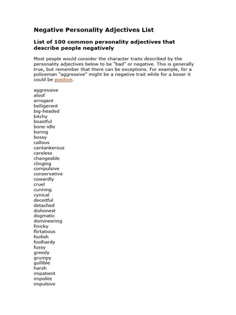 Negative Personality Adjectives List Pdf