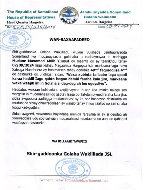 Wararka Maanta Isniin Sept 2 2024 Golaha Wakiilada Somaliland Oo