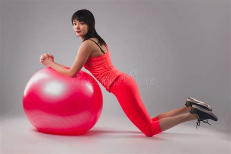 Cute Brunette Woman Doing Exercises With Fitball Stock Photo Image Of Fitball Energy 267582540