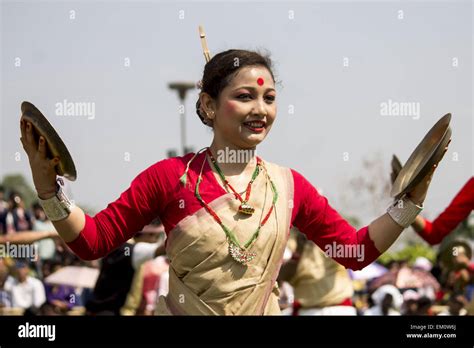 April 15 2015 Sivasagar Assam India Girls Perform Bihu Dance At