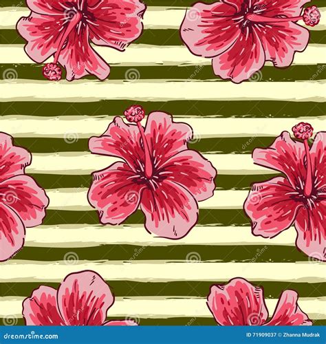 Summer Colorful Seamless Pattern With Tropical Plants And Hibiscus Flowers Stock Illustration