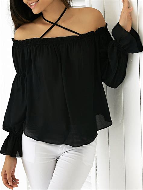 44 Off Elegant Halter Flounced Long Sleeve Blouse Rosegal