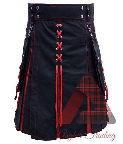 Scottish Red Pleats Hybrid Laces Kilt 100 Cotton Jeans Handmade