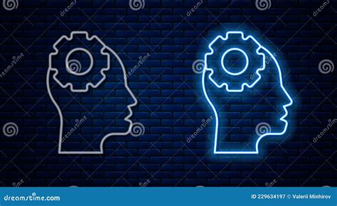 Glowing Neon Line Human Head With Gear Inside Icon Isolated On Brick