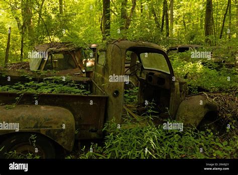 old vintage wrecked car in a forest Stock Photo - Alamy