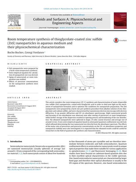 PDF Room Temperature Synthesis Of Thioglycolate Coated Zinc Sulfide