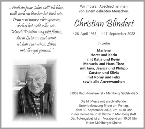 Traueranzeigen Von Christian Blindert Wirtrauern