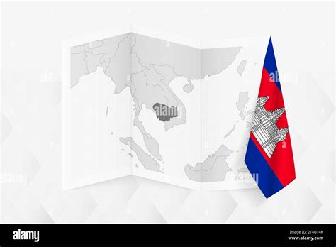 A Grayscale Map Of Cambodia With A Hanging Cambodian Flag On One Side