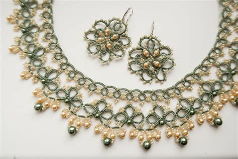 Pearl Necklace Olive Beige Tatting Set Necklace And Earrings Beaded