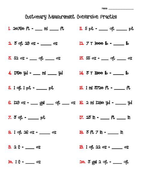 Converting Customary Measurements Worksheets