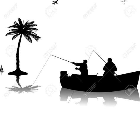 13972972 Two Fishermen In A Boat Fishing Near The Palm Tree Silhouette