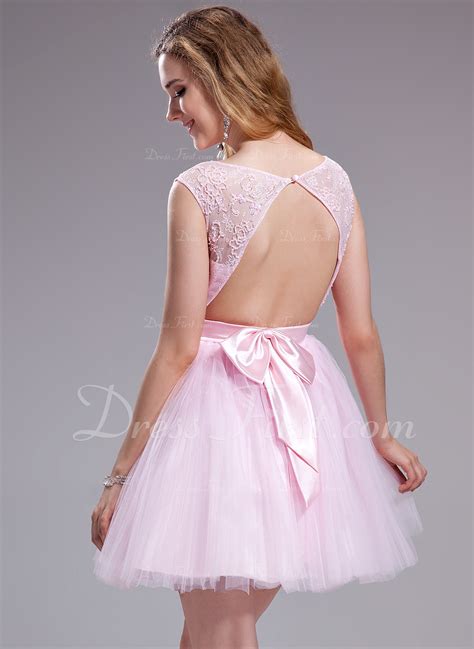 A Line Princess Scoop Neck Short Mini Tulle Lace Prom Dresses With