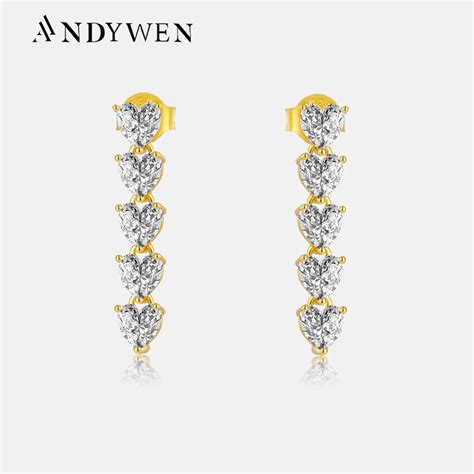 ANDYWEN 925 Sterling Silver Gold 4mm Heart CZ Zircon Chain Drop Earring