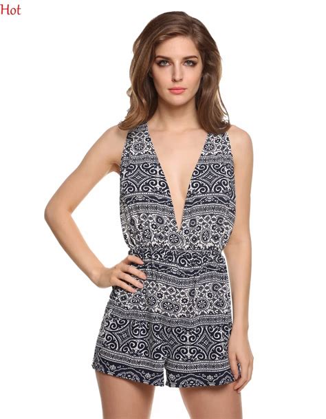 2017 Sexy Rompers Womens Jumpsuit Summer Strap Geometrical Print Cross