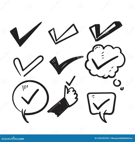 Hand Drawn Doodle Check Mark Collection Illustration Vector Isolated