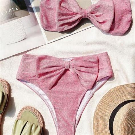 Pink Two Pieces Bikini Set Swimsuit With Cute Bow Accent Push Up Bikini Set Padded Bra Sexy