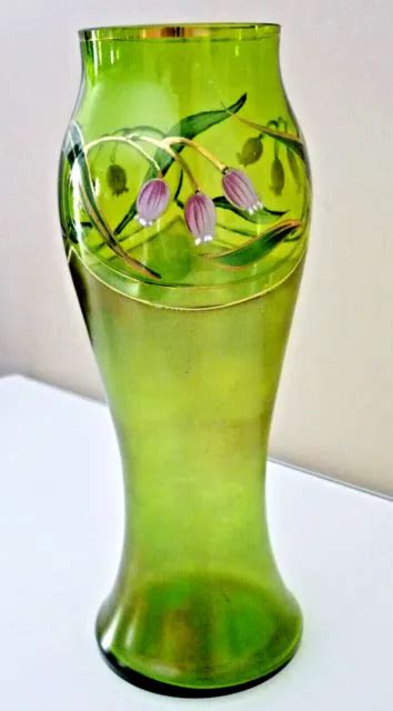 Vase Ancien Vert Art Nouveau Verre Souffle Emaille Dore Et Depoli