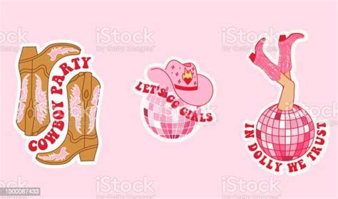 Collection With Cowgirl Sticker Cowboy Hat Disco Ball Boot And Lettering Cowboy Western And Wild