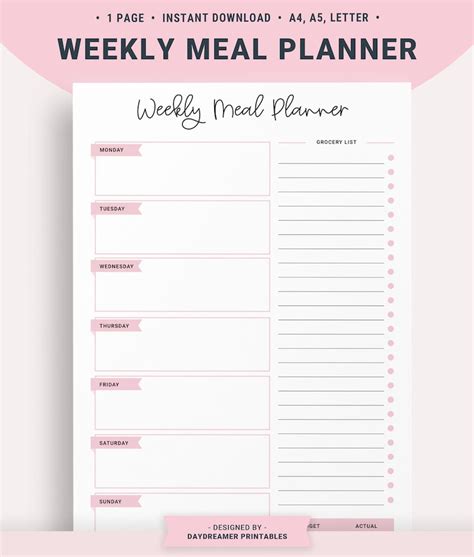 Weekly Meal Plan Printable Meal Planner Template Grocery List Food Tracker Menu Planner