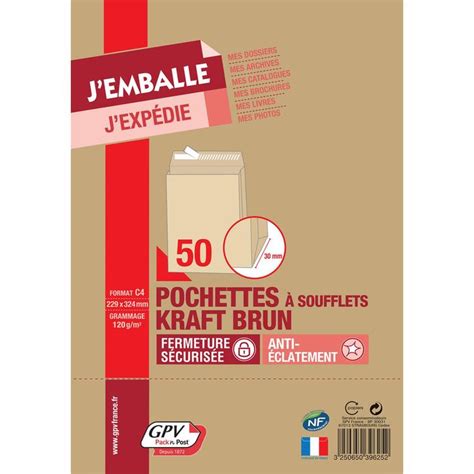 Sacs à soufflets kraft brun C4 229x324 120 g m² bande de protection GPV