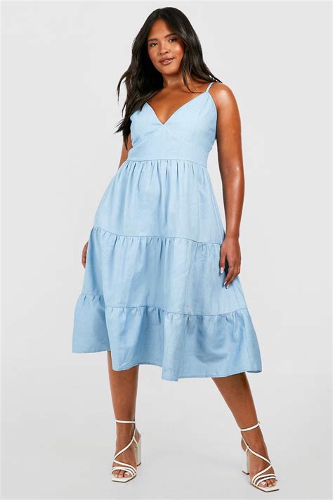 Plus Chambray V Neck Tiered Midi Dress Boohoo Au