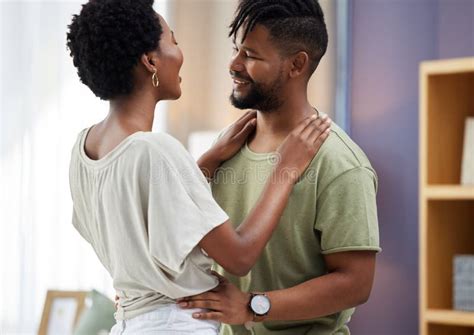 Black Couple Dancing And Hug In Living Room Happy And In Love For