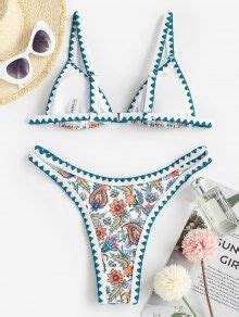 Zaful Plant Print Whip Stitch Triangular Thong Bikini Swimwear In Deep